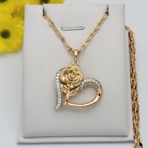 18K Gold Plated Rose Flower Heart Pendant Necklace & Chain Women Jewelry Fashion