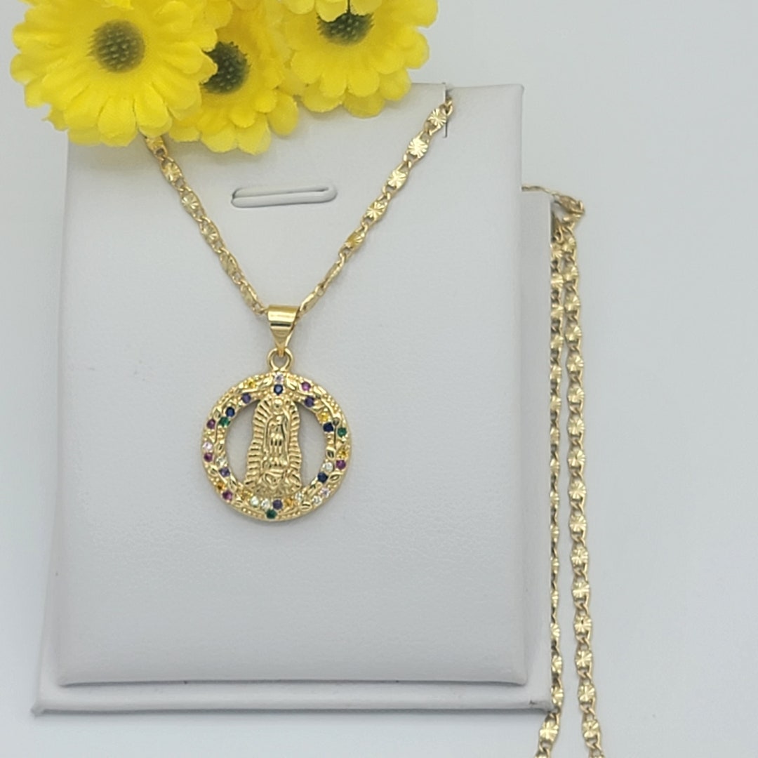 14K Gold Plated Our Lady of Guadalupe Multicolor CZ Pendant Necklace ...