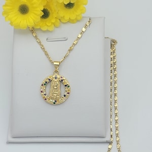 14K Gold Plated Our Lady of Guadalupe Multicolor CZ Pendant Necklace. Virgen