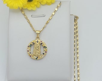 14K Gold Plated Our Lady of Guadalupe Multicolor CZ Pendant Necklace. Virgen