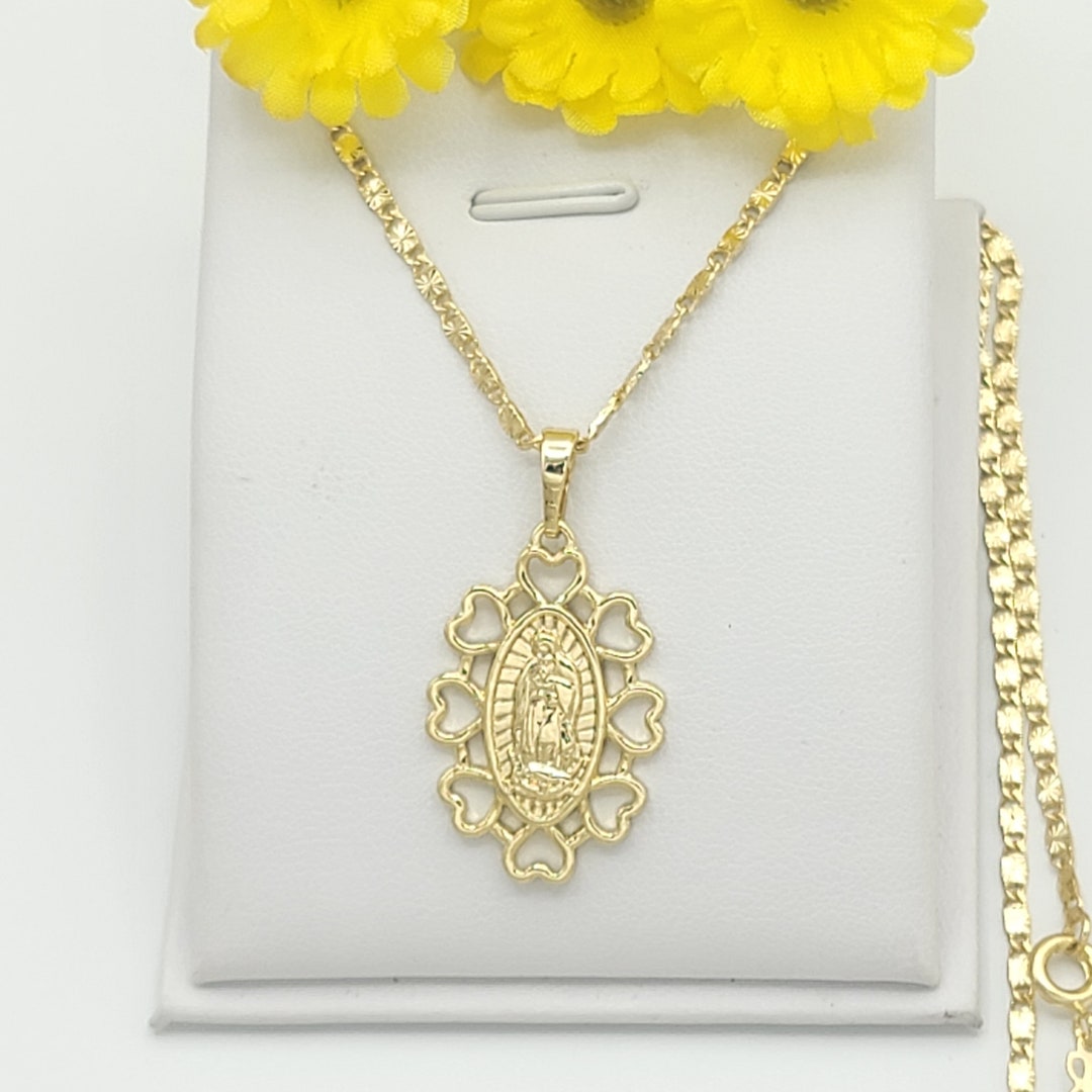 14K Gold Plated Our Lady of Guadalupe Hearts Pendant & Chain Virgen ...