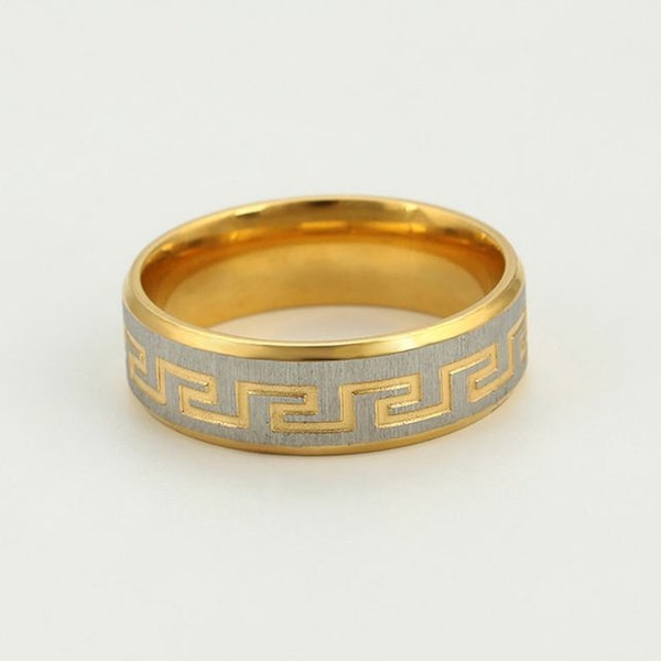 Greek Key Ancient Meander Stainless Steel Band Ring. Two Tone