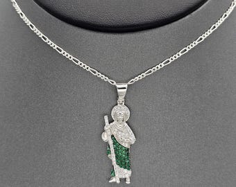925 Sterling Silver Green CZ Saint Jude Pendant & Figaro Chain Necklace Medalla San Judas