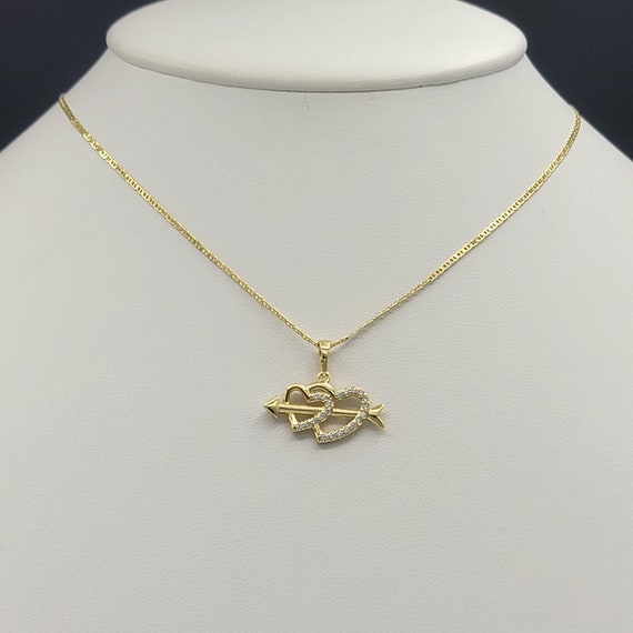 14K Gold Plated Double Heart & Arrow Pendant. Chain Necklace