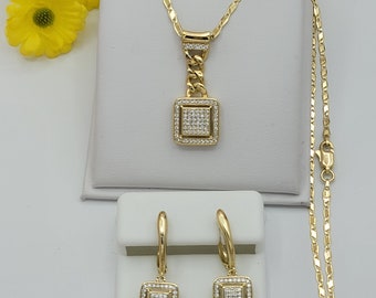 14K Gold Plated Elegant Icy CZ Square Set Pendant, Earrings & Chain
