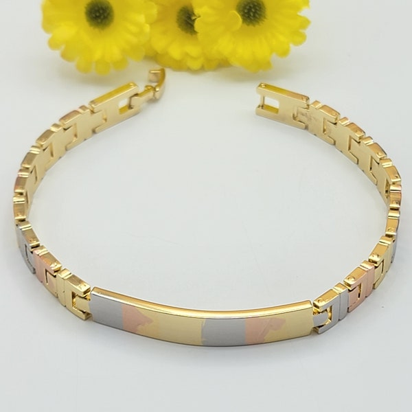 Tri Color Gold Plated Fashion ID Bar Bracelet. Oro Laminado