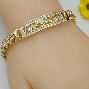 Pulsera 14K Gold Plated Vintage CZ ID. Cadena de eslabones de bordillo. Oro Laminado