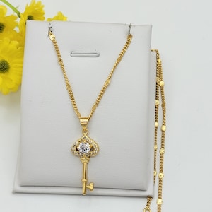 Yellow Gold Plated Clear Crystals Key Pendant with Chain necklace. A key to unlock inner strength. Oro Laminado