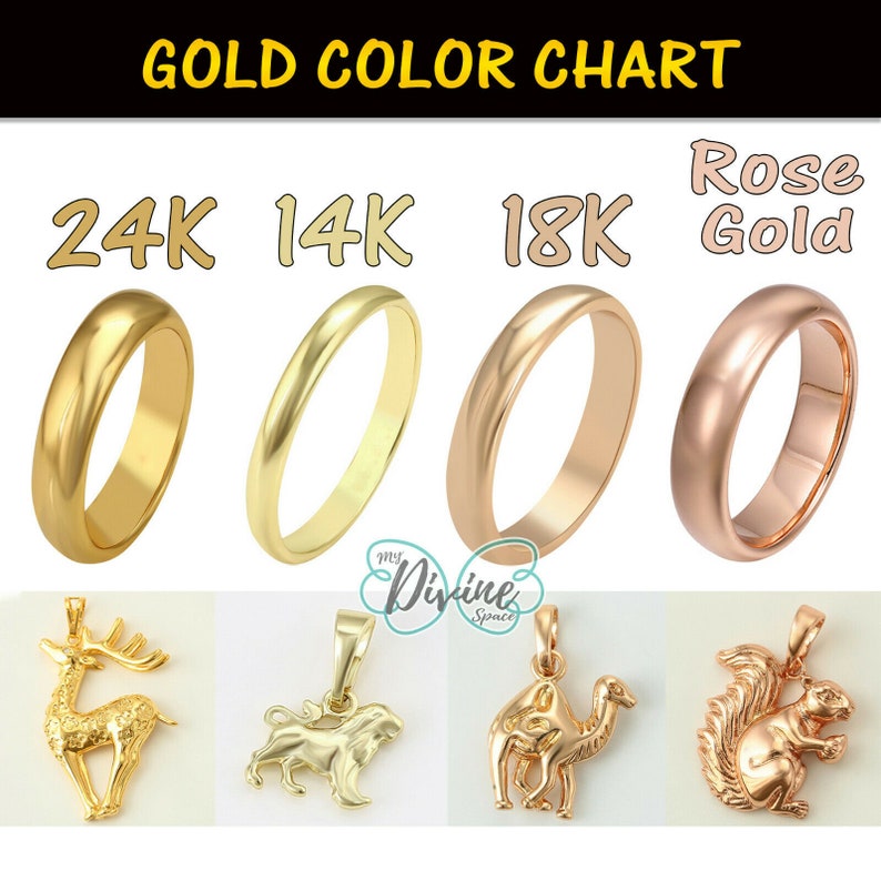 May include: Gold colour chart showing different karat golds: 24K, 14K, 18K, and Rose Gold. Each gold colour is represented by a ring. Below the rings are four gold pendants: a deer, a lion, a camel, and a squirrel.