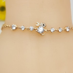 Beautiful 18K Gold Plated cute crystals bunny rabbit link chain Bracelet