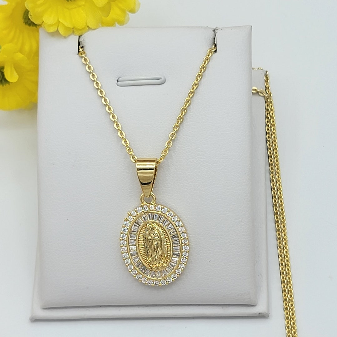 14K Gold Plated Our Lady of Guadalupe Crystal Medal Necklace Virgen ...