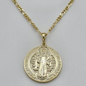 14K Gold Plated Saint Benedict Double Sided Medal & Chain Necklace. Medalla San Benito