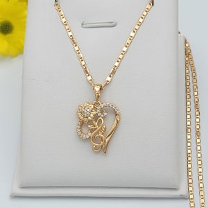 18K Gold Plated Jewelry - Heart Sunflower - CZ Pendant Necklace. Oro laminado