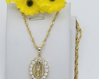 14K Gold Plated Our Lady of Guadalupe Necklace Oval CZ Pendant & Chain Virgen