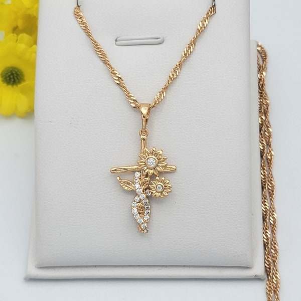 18K Gold Plated Sunflower Infinity Cross w Crystals Pendant & Chain. Necklace