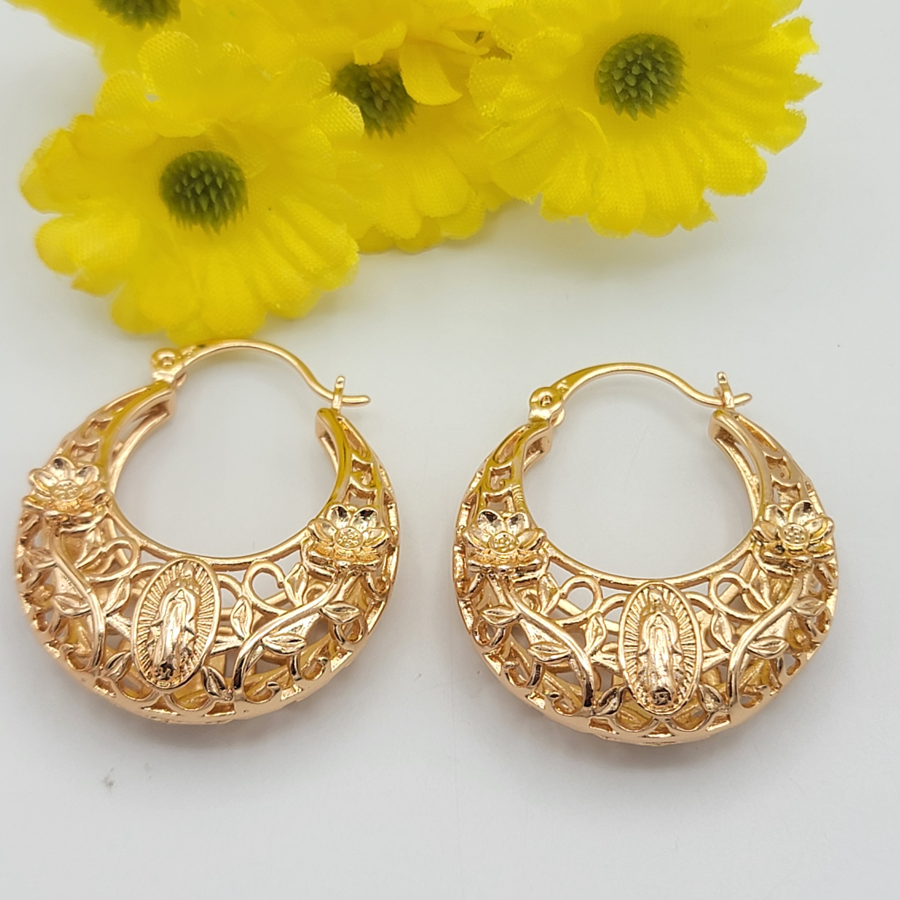 18K Gold Plated Our Lady of Guadalupe Hoop Basket Earrings. Aretes Virgen  Guadalupe. 