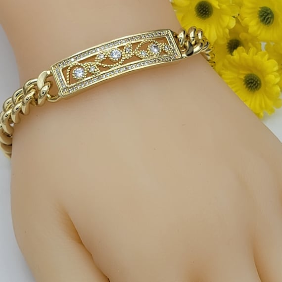 14K Gold Plated Vintage CZ ID Bracelet. Curb Link Chain. Oro 14K Gold Plated Vintage CZ ID Bracelet. Curb Link Chain. Oro