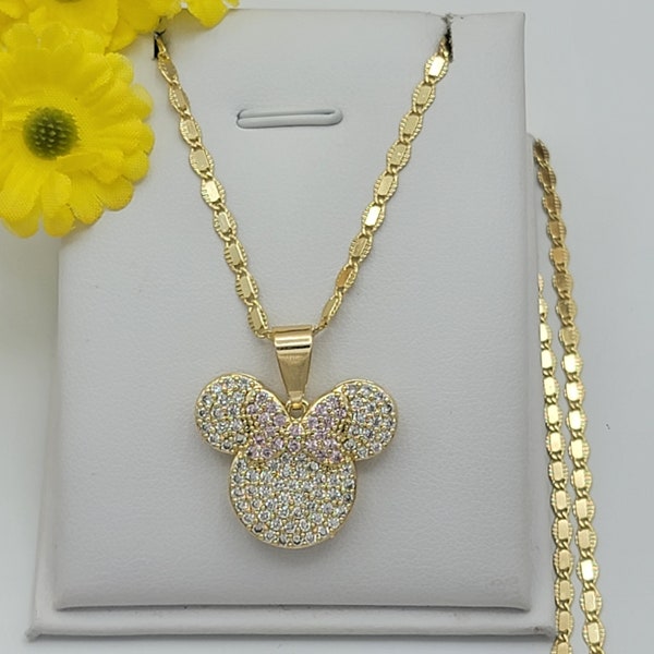 14K Gold Plated Mouse with Bow crystals Pendant Necklace.