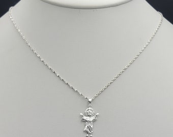 Solid 925 Sterling Silver Divine Child Pendant & Chain Necklace. Divino Niño Jesus.