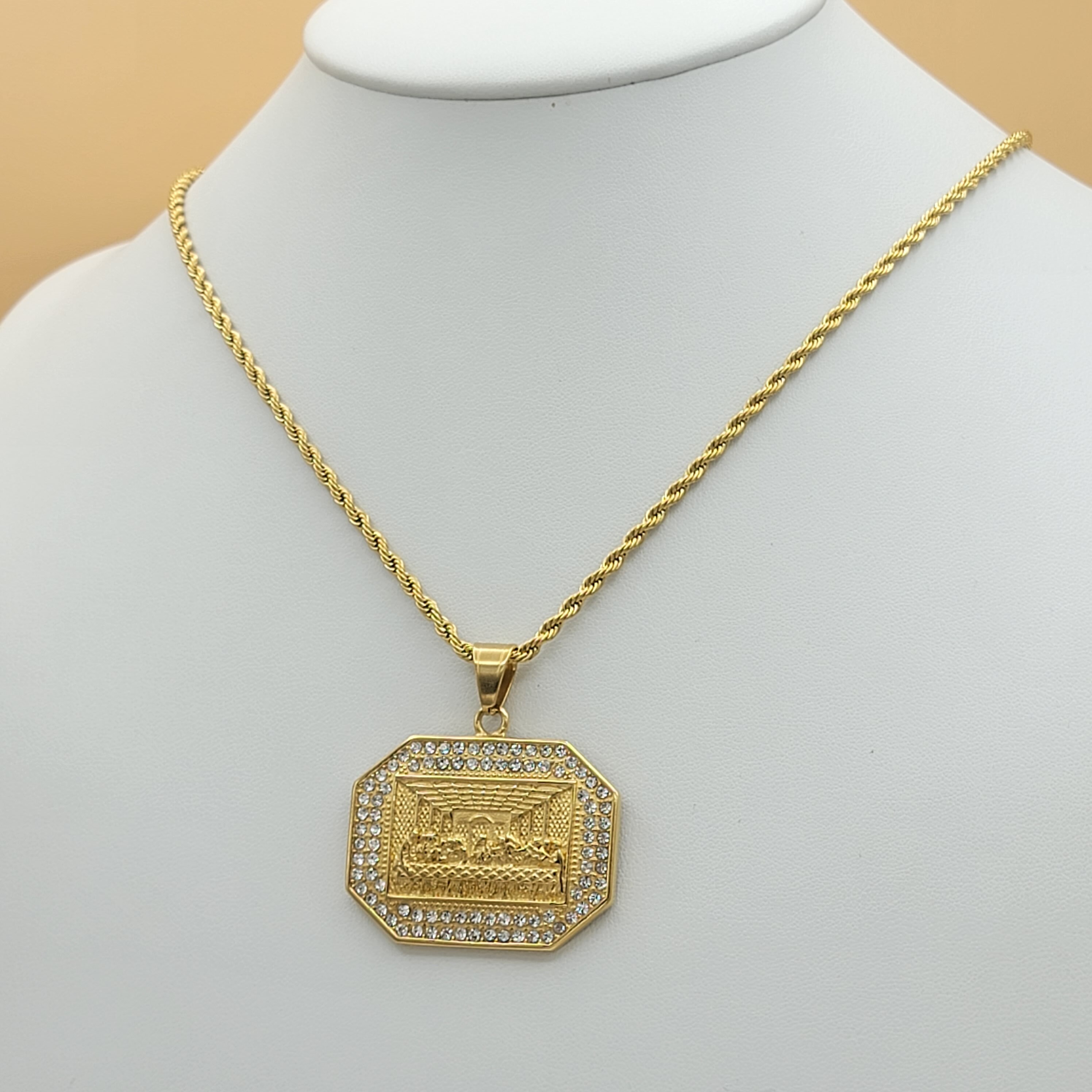 thumbnail image 2 of Pure Luxe Jewelry Men's 24-Inch Stainless Steel Cuban Chain – Jesus Last Supper Pendant With CZ Accents 2 of 6