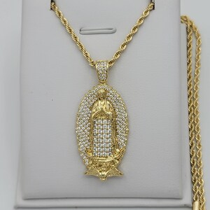 14K Gold Plated Our Lady Virgen Guadalupe Icy Clear Crystals Pendant Necklace