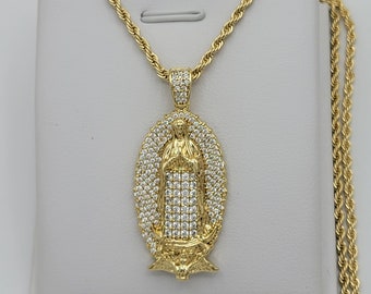 14K Gold Plated Our Lady Virgen Guadalupe Icy Clear Crystals Pendant Necklace