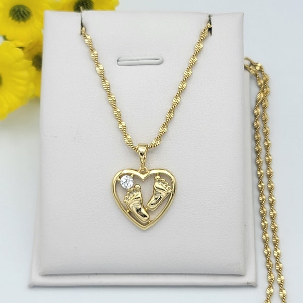 14K Gold Plated Feet Heart Charm Pendant Necklace - Baby Feet Party Footprint -