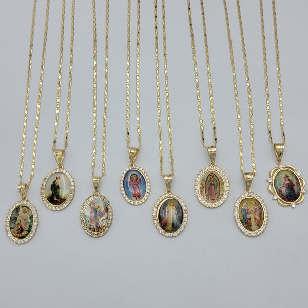 Gold Plated Saints Medal Necklace: Religious Charm Pendant, 20" Chain