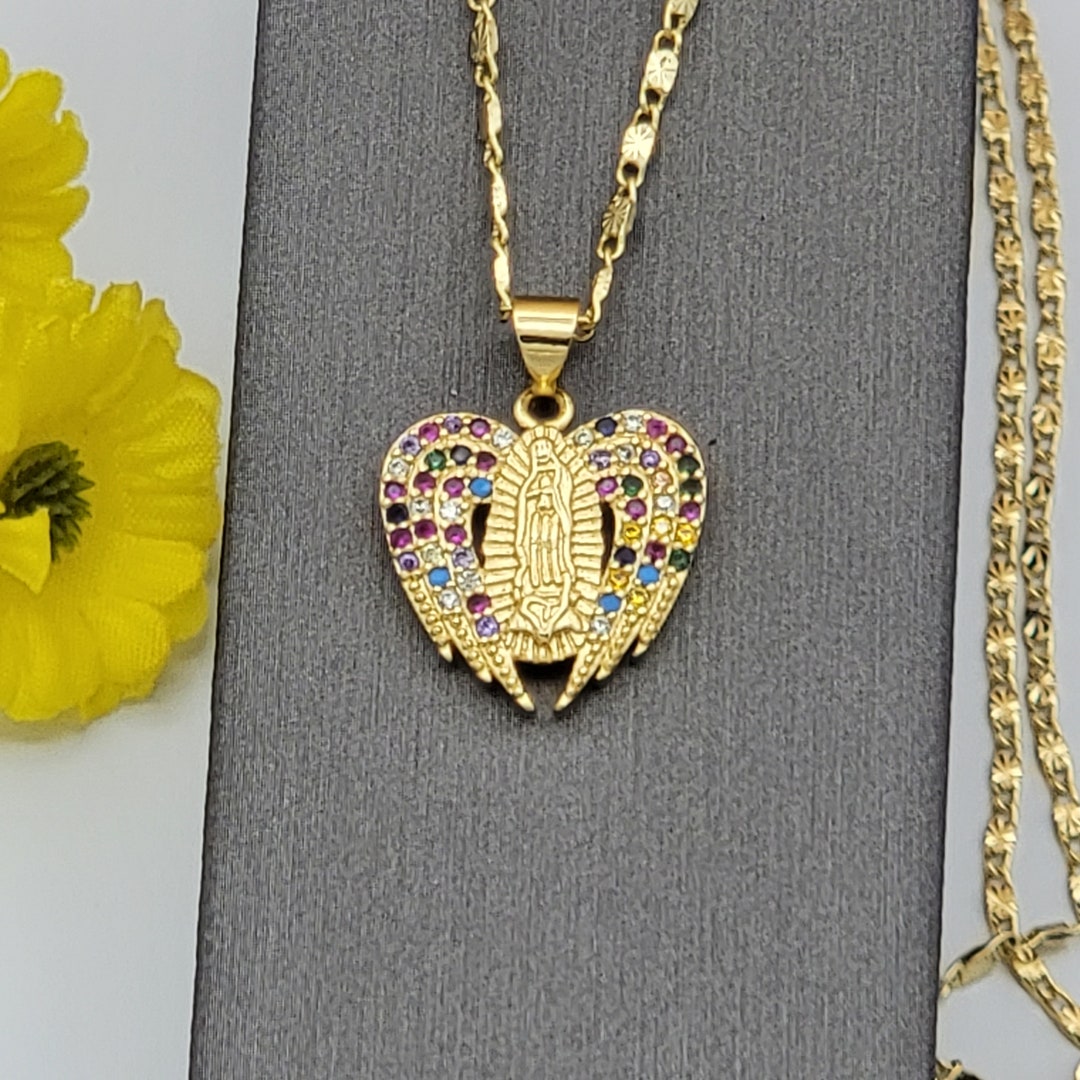 14K Gold Plated Our Lady of Guadalupe Multicolor CZ Wings Heart Pendant ...
