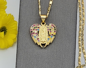 14K Gold Plated Our Lady of Guadalupe Multicolor CZ Wings Heart Pendant Necklace