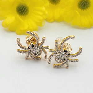 18K Gold Plated CZ Black eyes Spider Small Stud Earrings. Unique Cute
