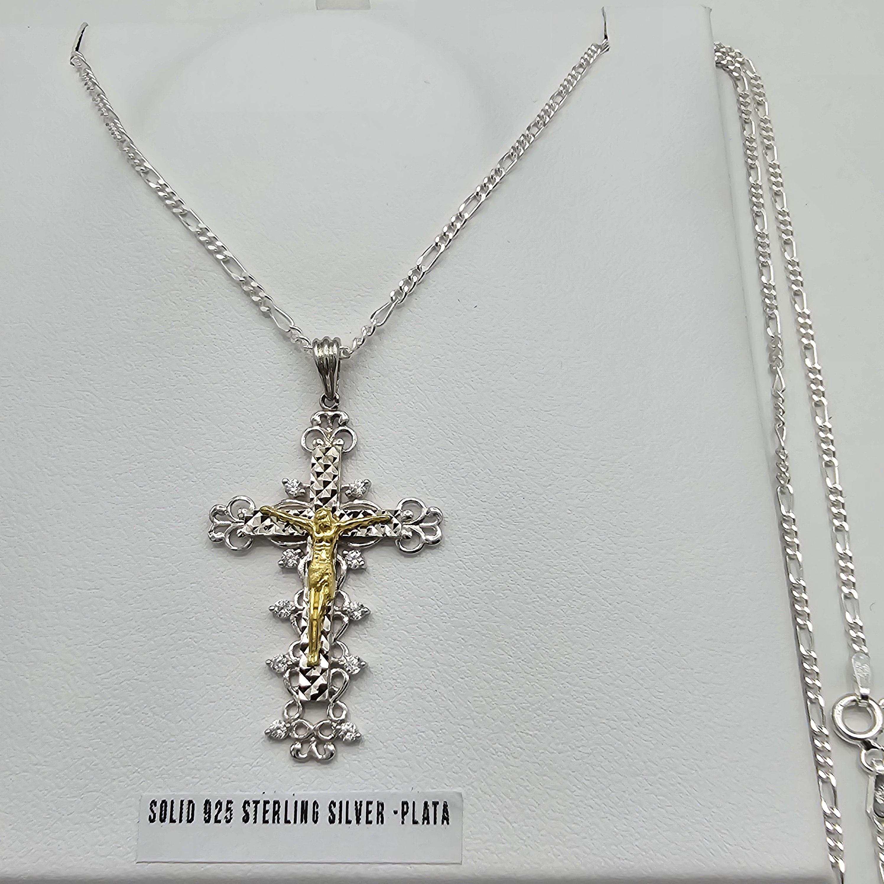 925 Sterling Silver Jesus Christ Crucifix. Filigree Cross Pendant Chain ...