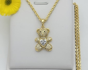 14K Gold Plated Icy Crystal Bear Pendant w Heart Chain Necklace. Oro Laminado