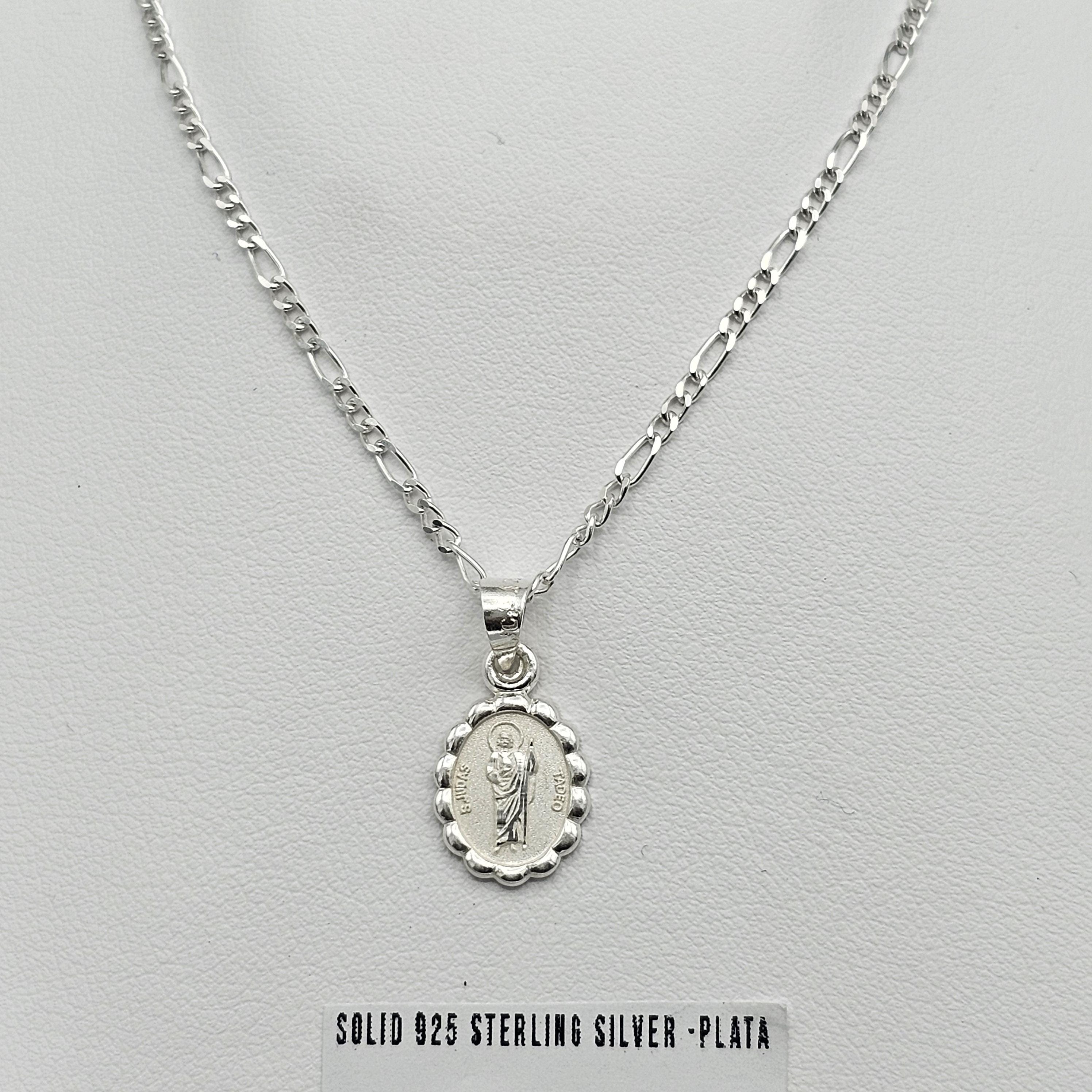 925 Sterling Silver Saint Jude Small Pendant & Figaro Chain Necklace Medalla San Judas Tadeo