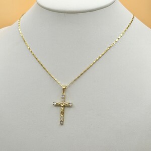 14K Gold Plated Crucifix Jesus Cross crystals Pendant & Chain. Necklace.