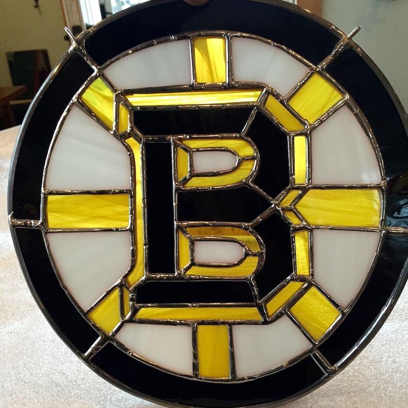 sun catcher Boston Bruins stained glass black yellow hockey fans and white glass SOLD