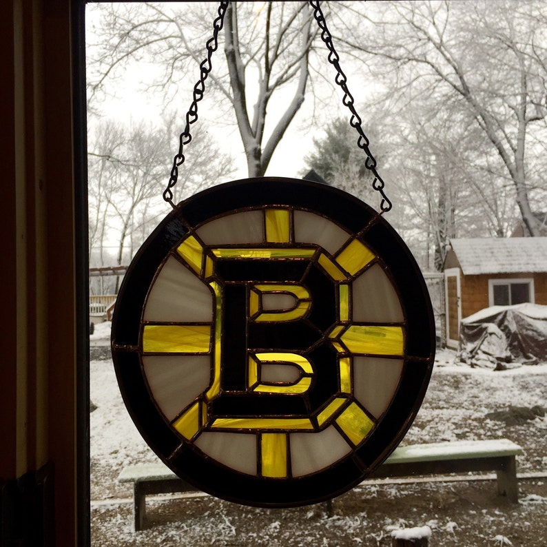 sun catcher Boston Bruins stained glass black yellow hockey fans and white glass SOLD