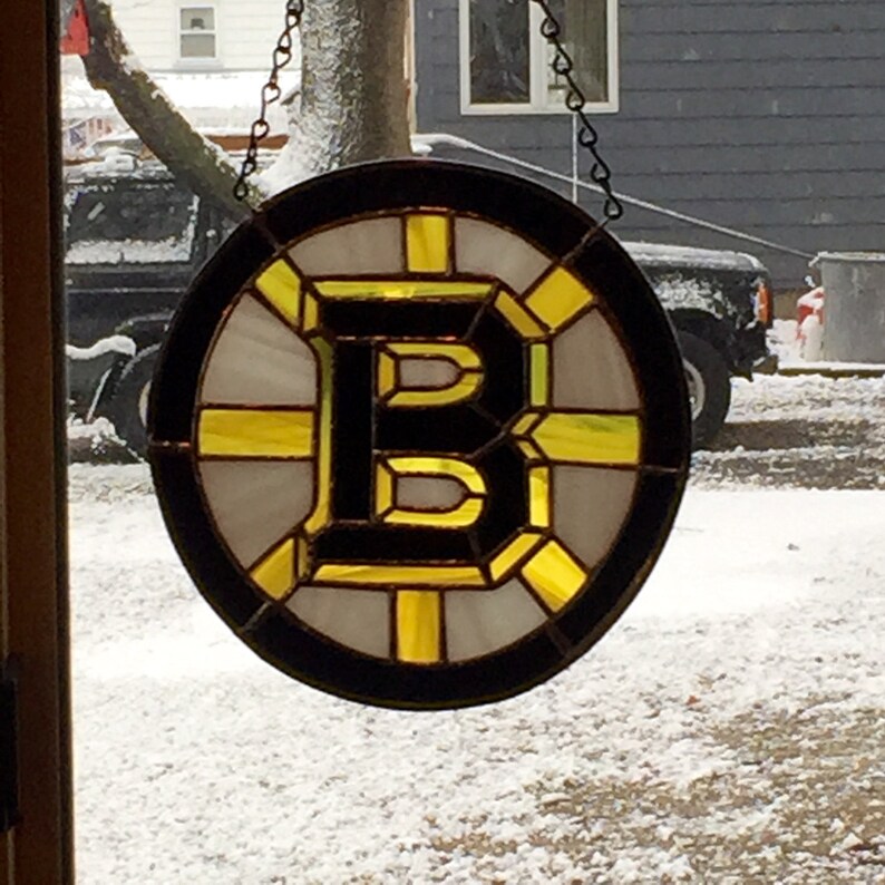 sun catcher Boston Bruins stained glass black yellow hockey fans and white glass SOLD