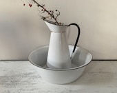 Vintage French Enamelware Jug and Bowl,Enamel Pitcher, Enamelware Basin Jug Ewer. Kitchen Decor. Garden Decor