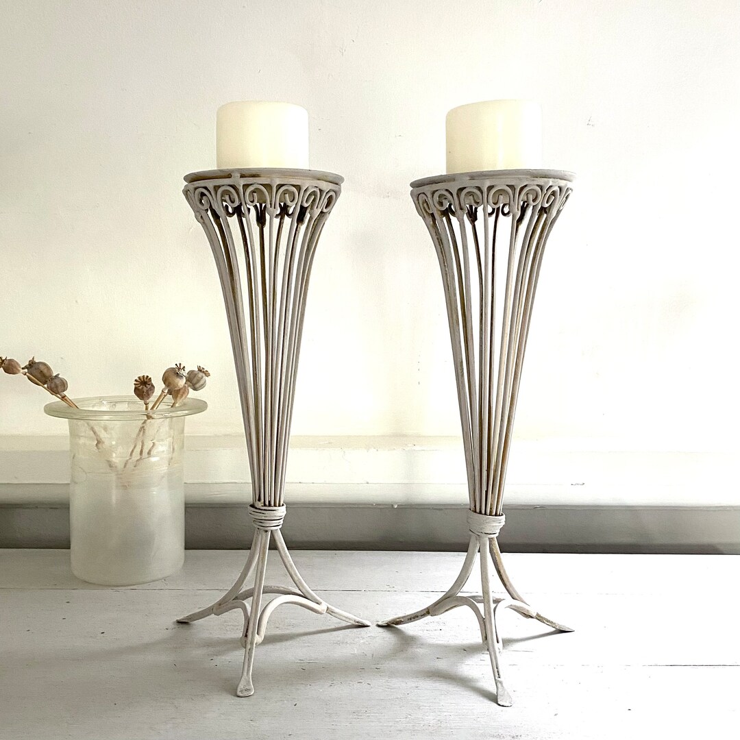 Vintage Prickett Candlesticks, Large Wirework Candlesticks, Distressed
