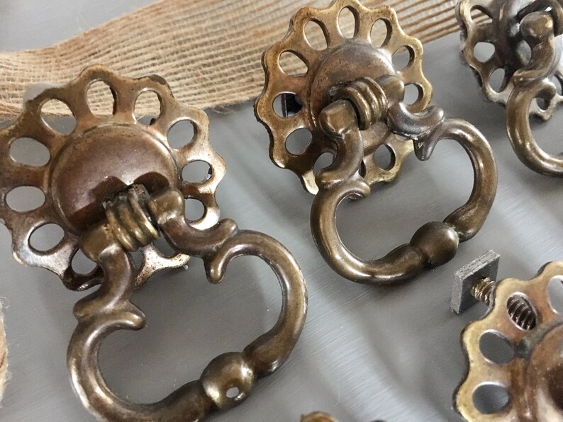 8 Antique Brass Cabinet Handles Vintage Handles Drawer Etsy