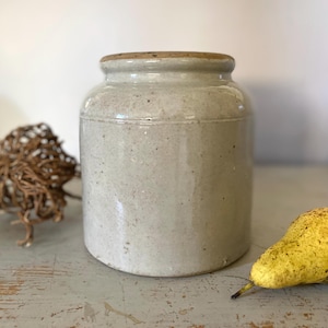 May include: A vintage stoneware jar in off-white, with a rounded body and a slightly flared rim. The jar has a speckled appearance and a light brown rim. A yellow pear and a decorative dried plant are in the background.
