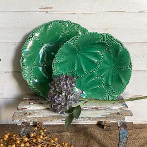 May include: Two green ceramic plates with a leaf design. The plates are on a small, distressed wooden bench. A sprig of purple flowers rests between the plates. The background is a white, weathered wooden wall.