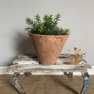 May include: A conical terracotta pot with a rough, weathered texture containing a small green spiky plant. The pot sits on a small, rectangular, distressed wooden stand with chipped white and blue paint, accompanied by a dried brown flower stem.