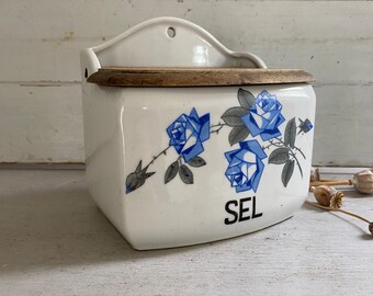 Vintage French Ceramic Sel Box, French Vintage Salt Box, Geometric Flowers