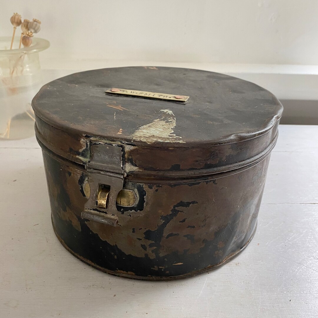 Vintage Metal Hat Box, Distressed Black Metal Hat Box, Brass Plaque