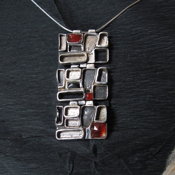 Avant garde long pendant  Silver Semiprecious Multistone necklace Red and Black silver jewelry  Silver Sterling necklace  Handcrafted