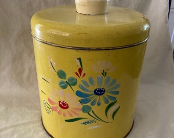 Vintage, Tin Kitchen Canister, Painted Flowers