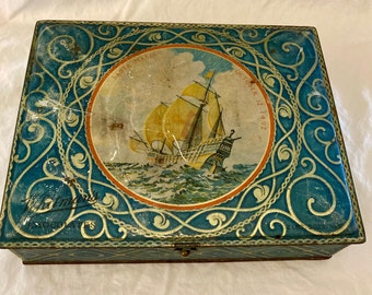 Vintage, Caja de lata de chocolates de Whitman, 1492 Diseño del barco Santa María Colón