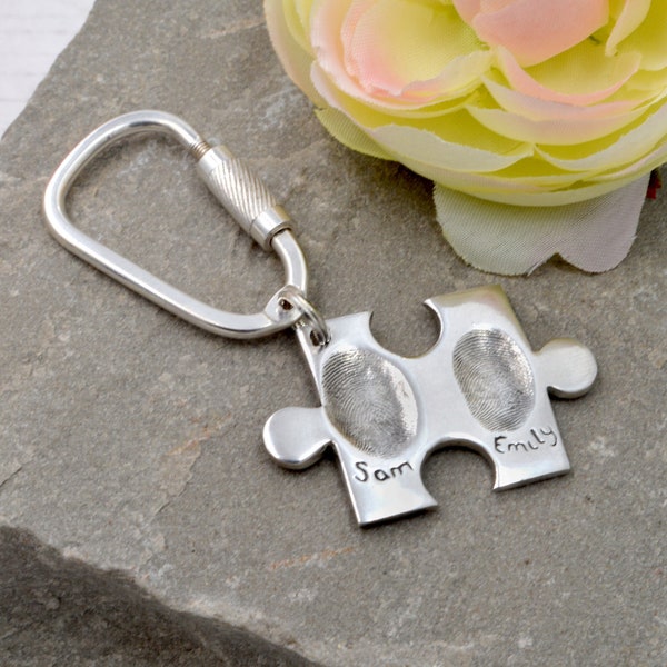 Personalised Actual Fingerprint Keyring, Silver Thumbprint Custom Puzzle Piece Engraved Luxury Keyring, Gift for Dad Grandad